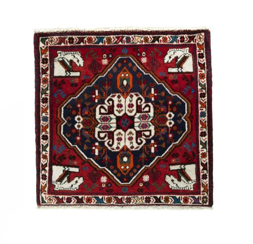 Full view of 2000s Shiraz rug from Iran / Persia, 60 × 61 cm in Red tones