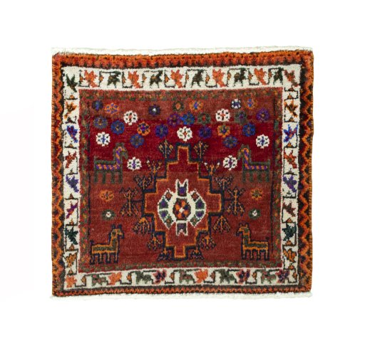 Full view of 2000s Shiraz rug from Iran / Persia, 51 × 62 cm in Red tones