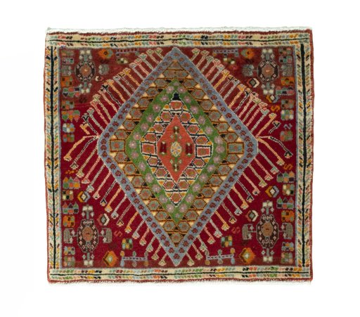 Full view of 2000s Shiraz rug from Iran / Persia, 51 × 55 cm in Red tones