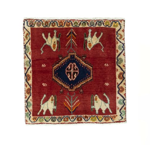 Full view of 2000s Shiraz rug from Iran / Persia, 60 × 59 cm in Red tones