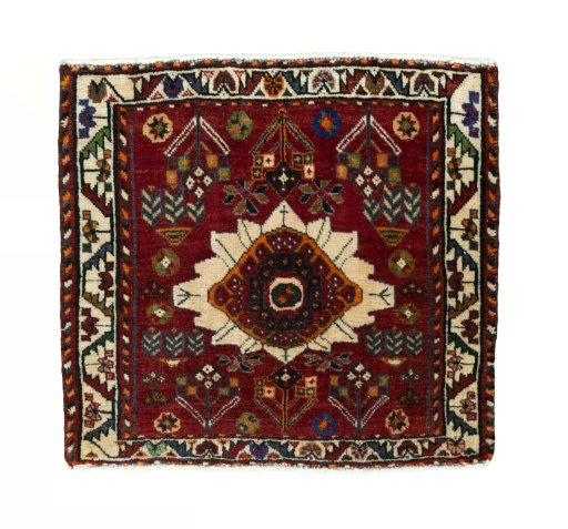Full view of 2000s Shiraz rug from Iran / Persia, 57 × 61 cm in Red tones