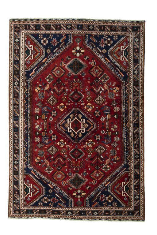 Full view of 2000s Shiraz rug from Iran / Persia, 233 × 158 cm in Red tones
