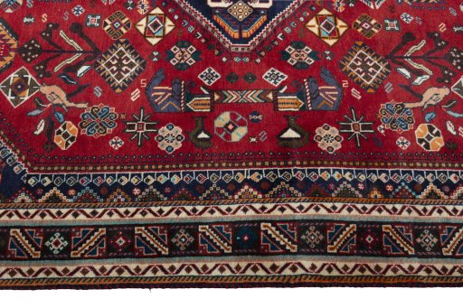 Full view of 2000s Shiraz rug from Iran / Persia, 233 × 158 cm in Red tones