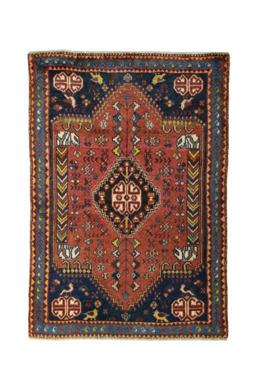Full view of 2000s Shiraz rug from Iran / Persia, 142 × 98 cm in Red tones