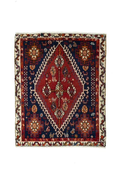 Full view of 2000s Shiraz rug from Iran / Persia, 73 × 60 cm in Red tones
