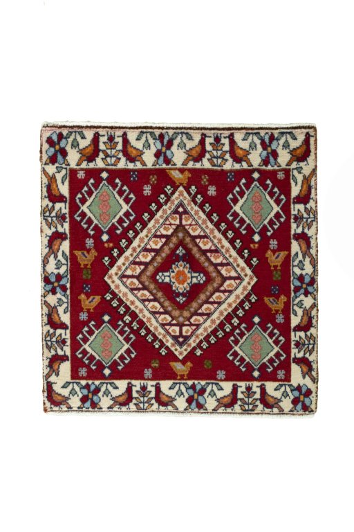 Full view of 2000s Shiraz rug from Iran / Persia, 63 × 62 cm in Red tones