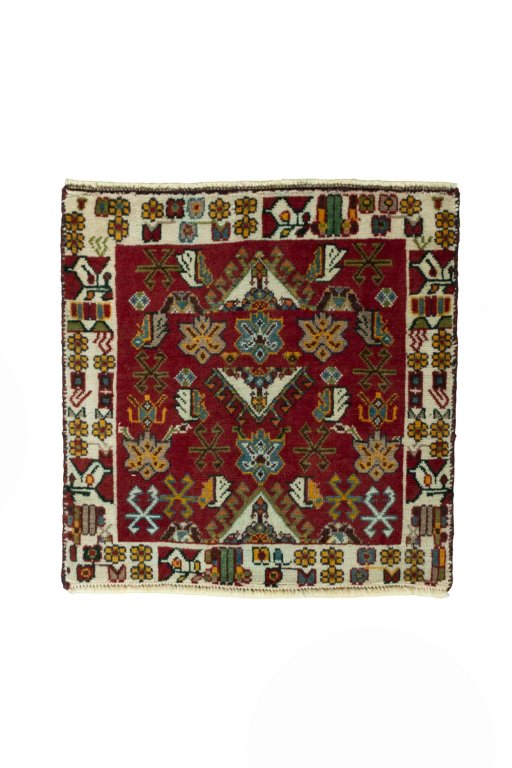 Full view of 2000s Shiraz rug from Iran / Persia, 58 × 57 cm in Red tones