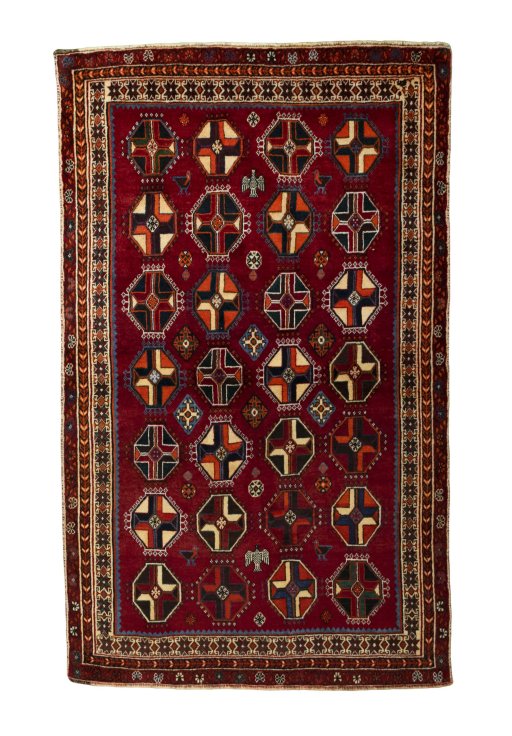 Full view of 2000s Shiraz rug from Iran / Persia, 213 × 128 cm in Red tones