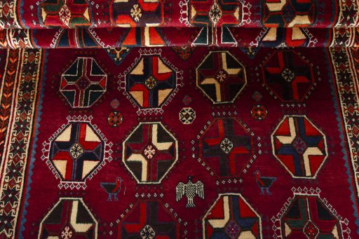 Full view of 2000s Shiraz rug from Iran / Persia, 213 × 128 cm in Red tones