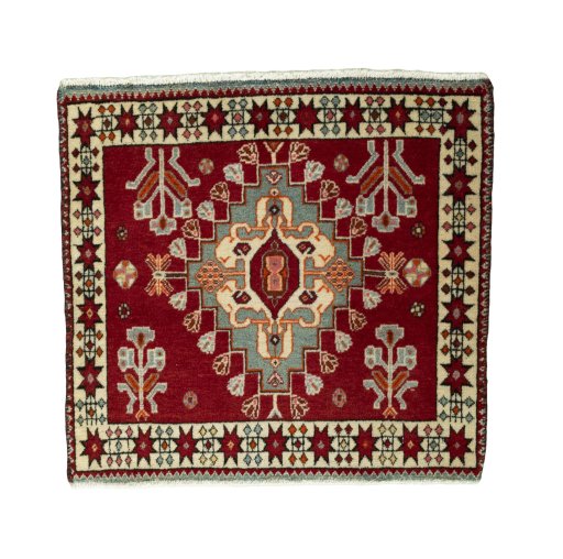 Full view of 2000s Shiraz rug from Iran / Persia, 65 × 68 cm in Red tones