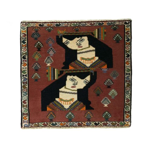 Full view of 2000s Shiraz rug from Iran / Persia, 58 × 62 cm in Red tones