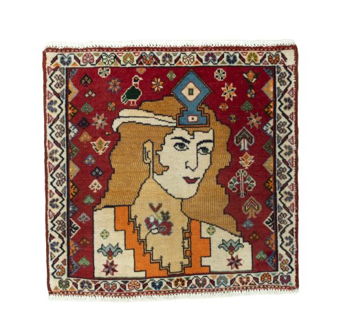 Full view of 2000s Shiraz rug from Iran / Persia, 59 × 60 cm in Red tones