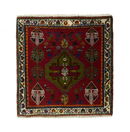 Full view of 2000s Shiraz rug from Iran / Persia, 61 × 59 cm in Red tones