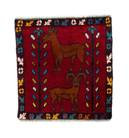 Full view of 2000s Shiraz rug from Iran / Persia, 56 × 53 cm in Red tones