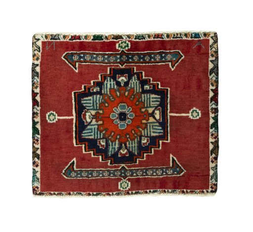 Full view of 2000s Shiraz rug from Iran / Persia, 50 × 58 cm in Red tones