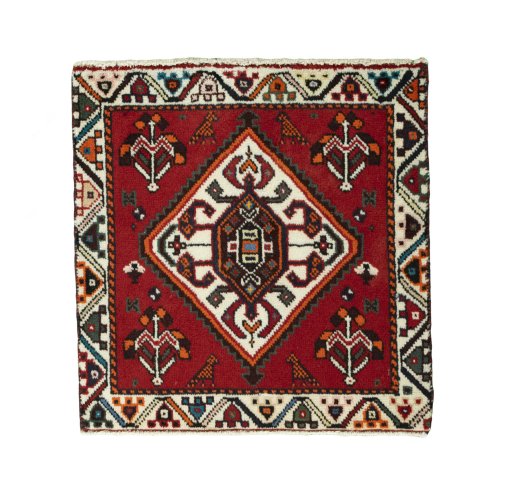 Full view of 2000s Shiraz rug from Iran / Persia, 59 × 58 cm in Red tones