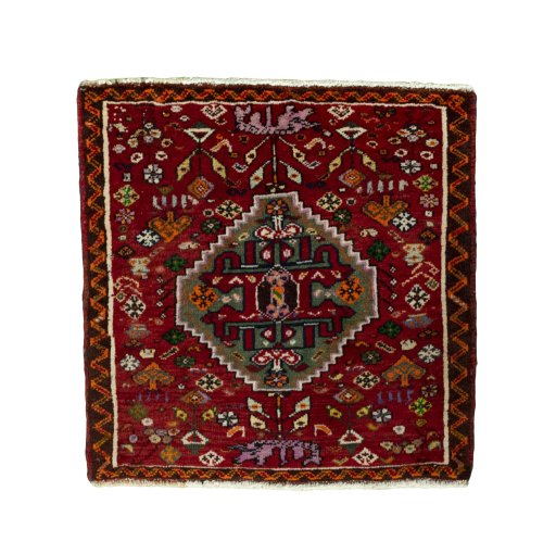 Full view of 2000s Shiraz rug from Iran / Persia, 62 × 61 cm in Red tones