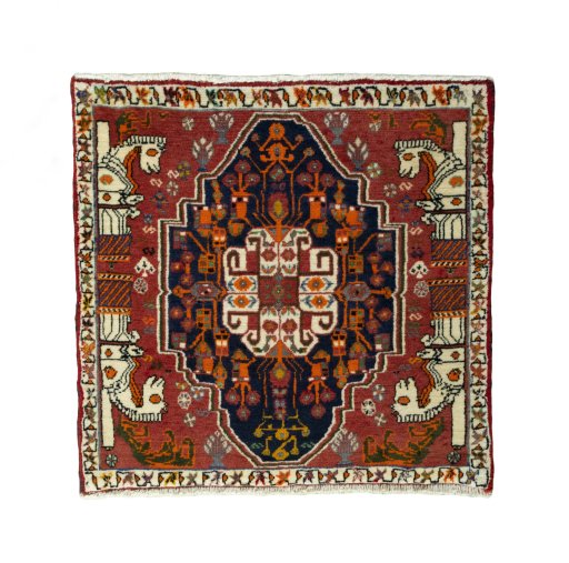 Full view of 2000s Shiraz rug from Iran / Persia, 67 × 68 cm in Red tones