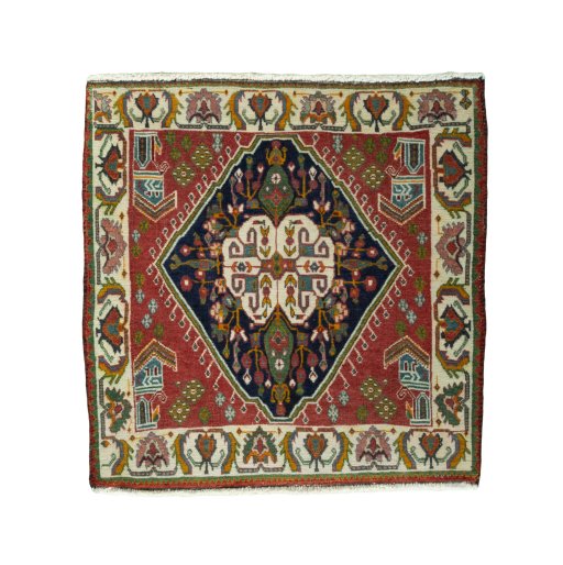Full view of 2000s Shiraz rug from Iran / Persia, 65 × 65 cm in Red tones