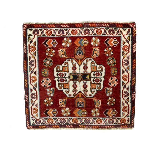 Full view of 2000s Shiraz rug from Iran / Persia, 55 × 59 cm in Red tones