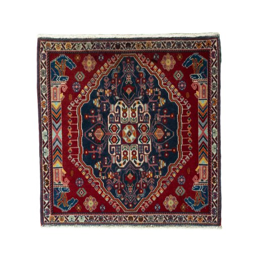 Full view of 2000s Shiraz rug from Iran / Persia, 66 × 65 cm in Red tones
