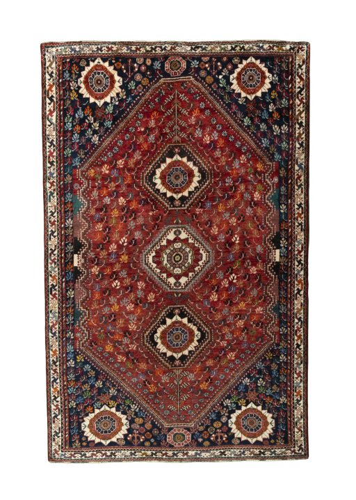 Full view of 1970s Shiraz rug from Iran / Persia, 283 × 180 cm in Red tones
