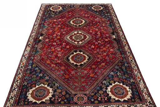Surface texture of 1970s Shiraz rug with natural Wool and intricate pattern
