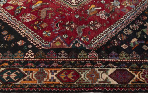 Full view of 2000s Shiraz rug from Iran / Persia, 278 × 177 cm in Red tones