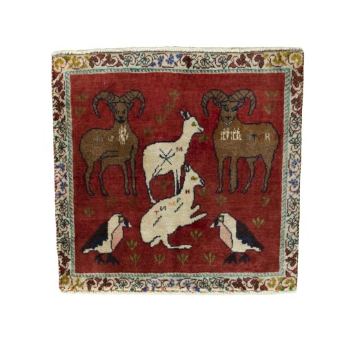 Full view of 2000s Shiraz rug from Iran / Persia, 55 × 57 cm in Red tones