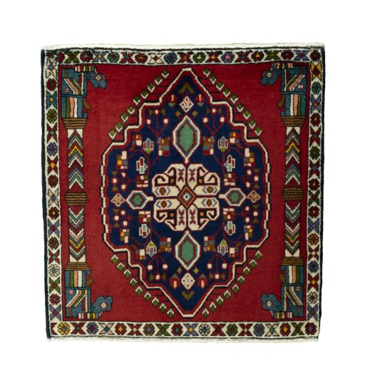 Full view of 2000s Shiraz rug from Iran / Persia, 75 × 73 cm in Red tones