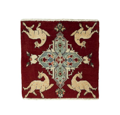 Full view of 2000s Shiraz rug from Iran / Persia, 54 × 53 cm in Red tones