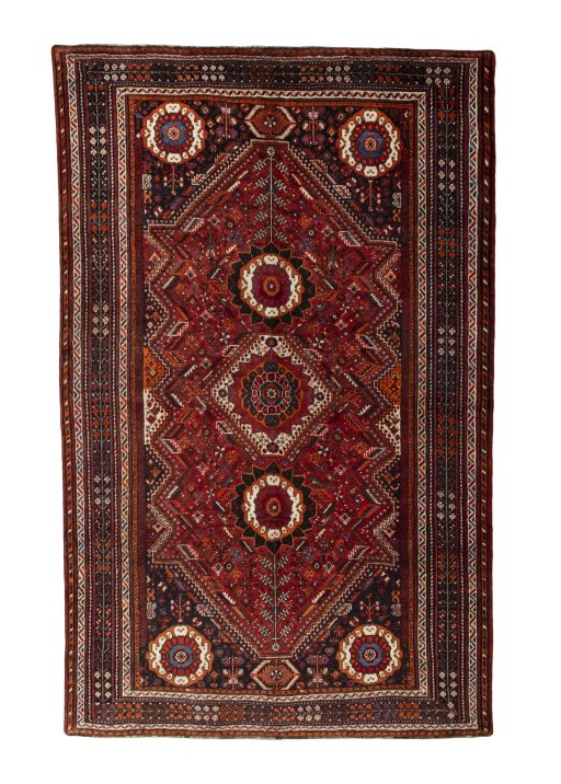 Full view of 1970s Shiraz rug from Iran / Persia, 290 × 184 cm in Red tones