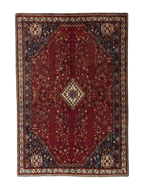 Full view of 2000s Shiraz rug from Iran / Persia, 290 × 200 cm in Red tones