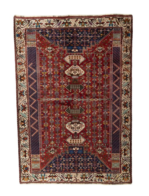 Full view of 2000s Shiraz rug from Iran / Persia, 298 × 207 cm in Red tones