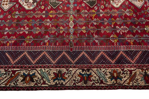 Full view of 2000s Shiraz rug from Iran / Persia, 298 × 207 cm in Red tones