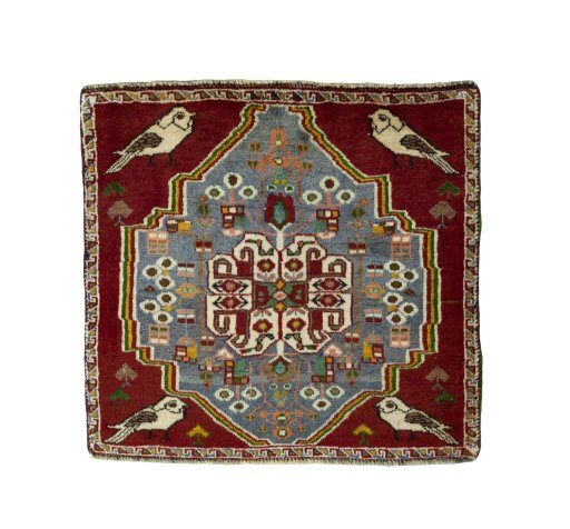 Full view of 2000s Shiraz rug from Iran / Persia, 58 × 61 cm in Red tones