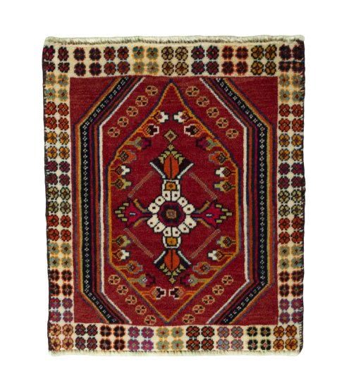 Full view of 2000s Shiraz rug from Iran / Persia, 62 × 53 cm in Red tones