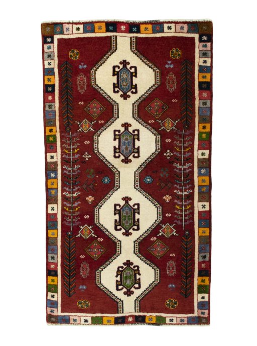 Full view of 2000s Shiraz rug from Iran / Persia, 140 × 78 cm in Red tones