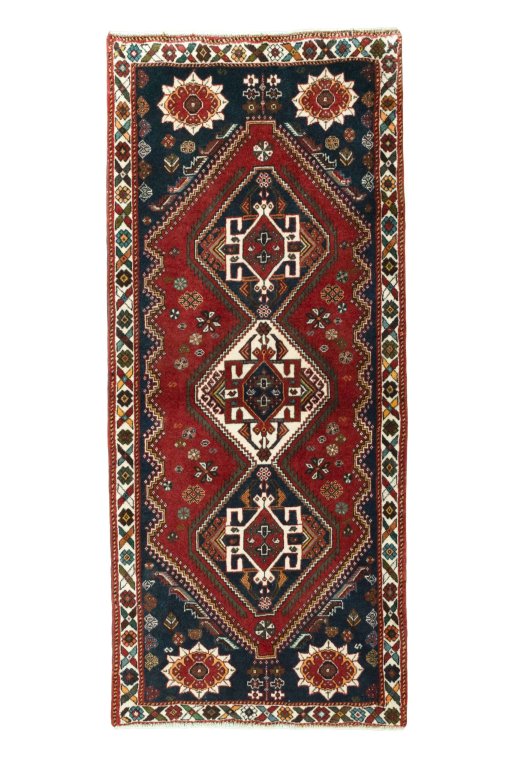 Full view of 2000s Shiraz rug from Iran / Persia, 196 × 86 cm in Red tones