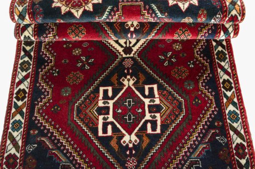 Full view of 2000s Shiraz rug from Iran / Persia, 196 × 86 cm in Red tones