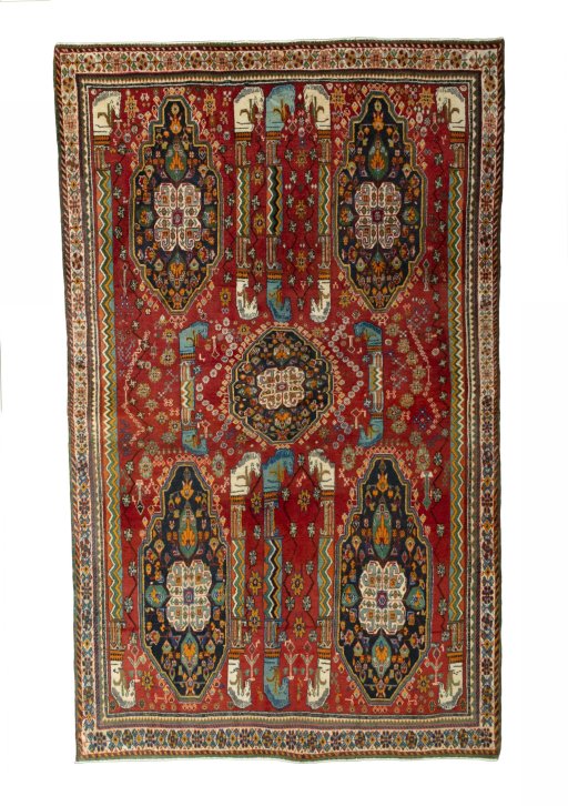 Full view of 2000s Shiraz rug from Iran / Persia, 270 × 162 cm in Red tones