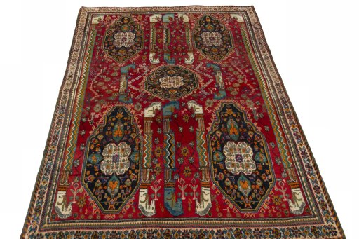 Surface texture of 2000s Shiraz rug with natural Wool and intricate pattern