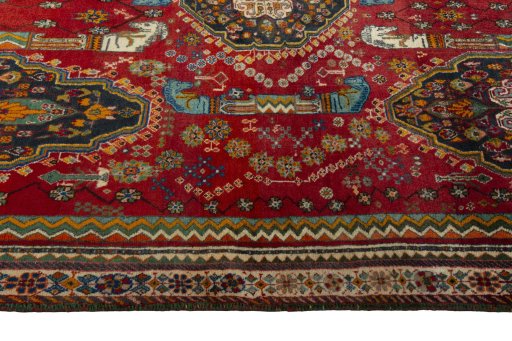 Full view of 2000s Shiraz rug from Iran / Persia, 270 × 162 cm in Red tones