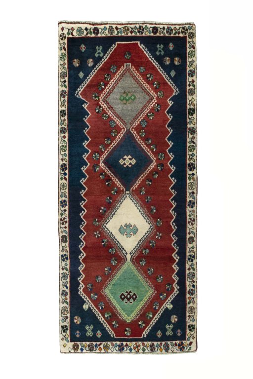 Full view of 2000s Shiraz rug from Iran / Persia, 211 × 90 cm in Red tones