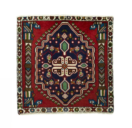 Full view of 2000s Shiraz rug from Iran / Persia, 70 × 70 cm in Red tones