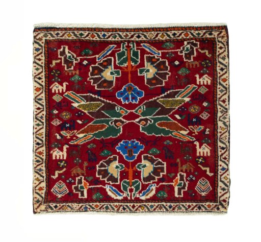 Full view of 2000s Shiraz rug from Iran / Persia, 67 × 70 cm in Red tones