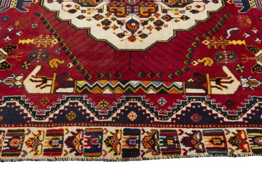 Full view of 2000s Shiraz rug from Iran / Persia, 227 × 140 cm in Red tones