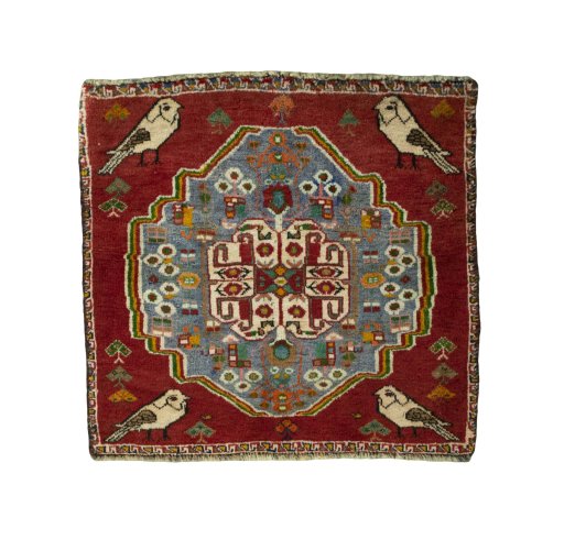 Full view of 2000s Shiraz rug from Iran / Persia, 58 × 61 cm in Red tones