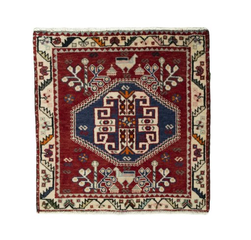 Full view of 2000s Shiraz rug from Iran / Persia, 63 × 61 cm in Red tones