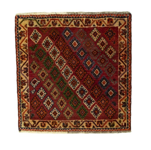 Full view of 2000s Shiraz rug from Iran / Persia, 60 × 59 cm in Red tones